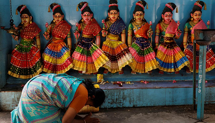 A devotee prays inside the Sri Dharmasastha temple in Thulasendrapuram, the village where Kamala Harris maternal grandfather was born, in the Southern state of Tamil Nadu, India November 5, 2024. — Reuters