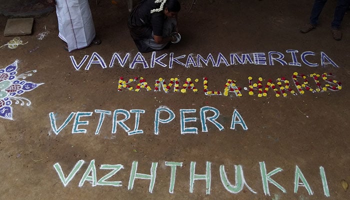 Supporters of the Democratic presidential nominee and US Vice President Kamala Harris make a rangoli wishing Harris success in the US elections, in Thulasendrapuram, the village where Harris maternal grandfather was born, in the Southern state of Tamil Nadu, India November 5, 2024. — Reuters