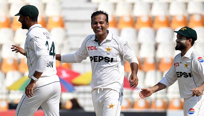 Noman Ali celebrates after taking the wicket of Jamie Smith, caught out by Saim Ayub during second Test between England vs Pakistan, Multan Cricket Stadium, October 17, 2024. — Reuters