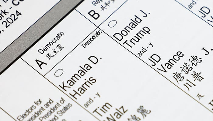 The names of presidential nominees Kamala Harris, Tim Walz, Donald Trump and JD Vance are shown on an official ballot for the 2024 US presidential election, on Election Day in Manhattan, New York City, November 5, 2024. — Reuters