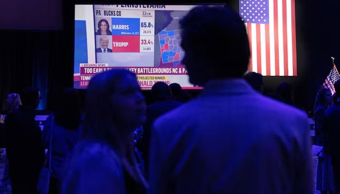 A screen shows election updates at a Sherrod Brown watch party in Columbus, Ohio, US, November 5, 2024. — Reuters