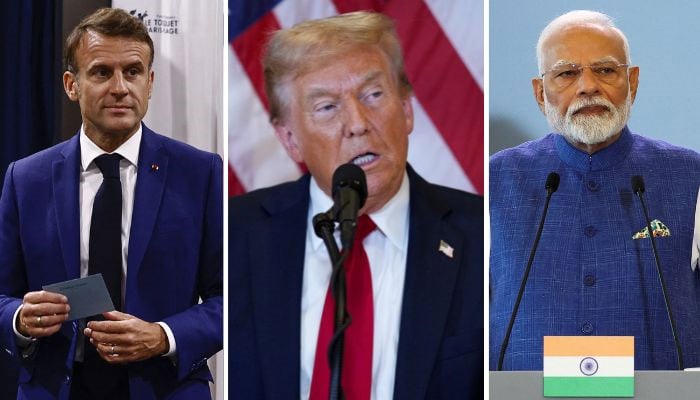 The combination image shows Emmanuel Macron (L), Donald Trump (C) and Narendra Modi in separate gatherings. — Reuters