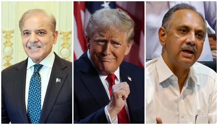 Prime Minister Shehbaz Sharif (left), US Presidential-elect Donald Trump and Leader of the Opposition in the National Assembly Omar Ayub Khan. — PPI/Reuters/AFP