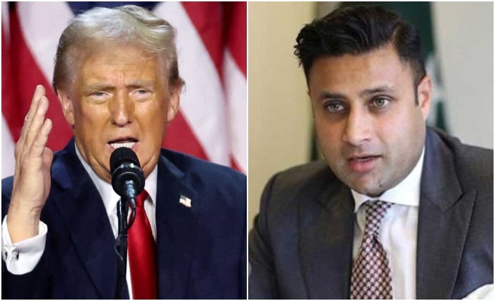 Republican presidential candidate Donald Trump (left) speaks to supporters in Florida on November 6, 2024 and an undated image of PTI leader Zulfi Bukhari. — Reuters/State media/File