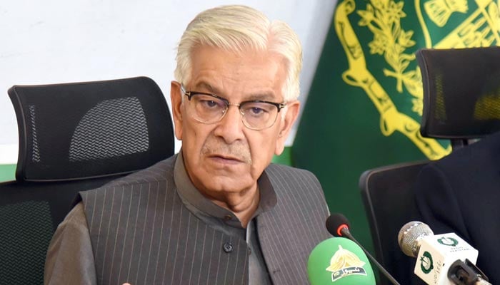 Defence Minister Khawaja Asif addressing a press conference in Islamabad. — Online