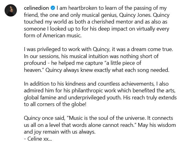 Heartbroken Celine Dion pens note to late Quincy Jones