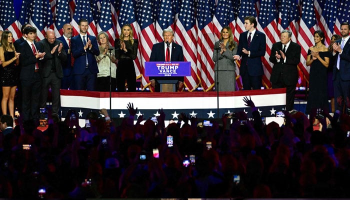 US President-elect Donald Trump speaks during an election night event at the West Palm Beach Convention Center in West Palm Beach, Florida, on November 6, 2024. —Reuters