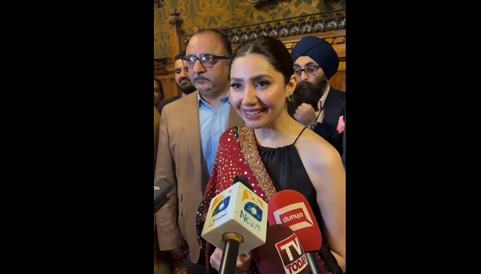 Pakistani actress Mahira Khan speaking to the media after receiving an award in the UK Parliament in recognition of her contributions to the global cinema and her role as a cultural ambassador. — Reporter