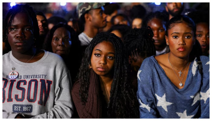 Attendees react to early election results at Democratic presidential nominee US Vice President Kamala Harris election night rally during the 2024 US presidential election, at Howard University, in Washington, US, November 5, 2024.— Reuters