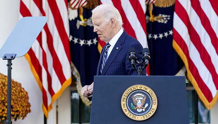 US President Joe Biden looks on as he delivers remarks on 2024 election results and upcoming presidential transition of power, in Rose Garden of White House in Washington, US, November 7, 2024. — Reuters