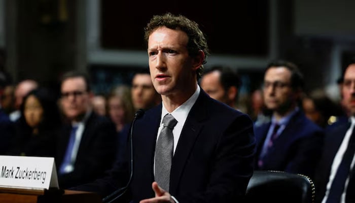 Metas CEO Mark Zuckerberg reacts as he testifies during the Senate Judiciary Committee hearing on online child sexual exploitation at the US Capitol in Washington, US, January 31, 2024. — Reuters