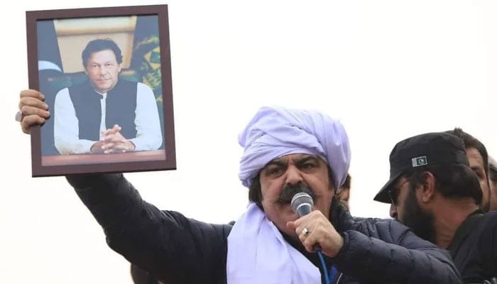 Khyber Pakhtunkhwa CM-designate and PTI leader Ali Amin Gandapur addresses a public gathering in this undated photo. — Facebook/AliAminKhanGandapurPti/File