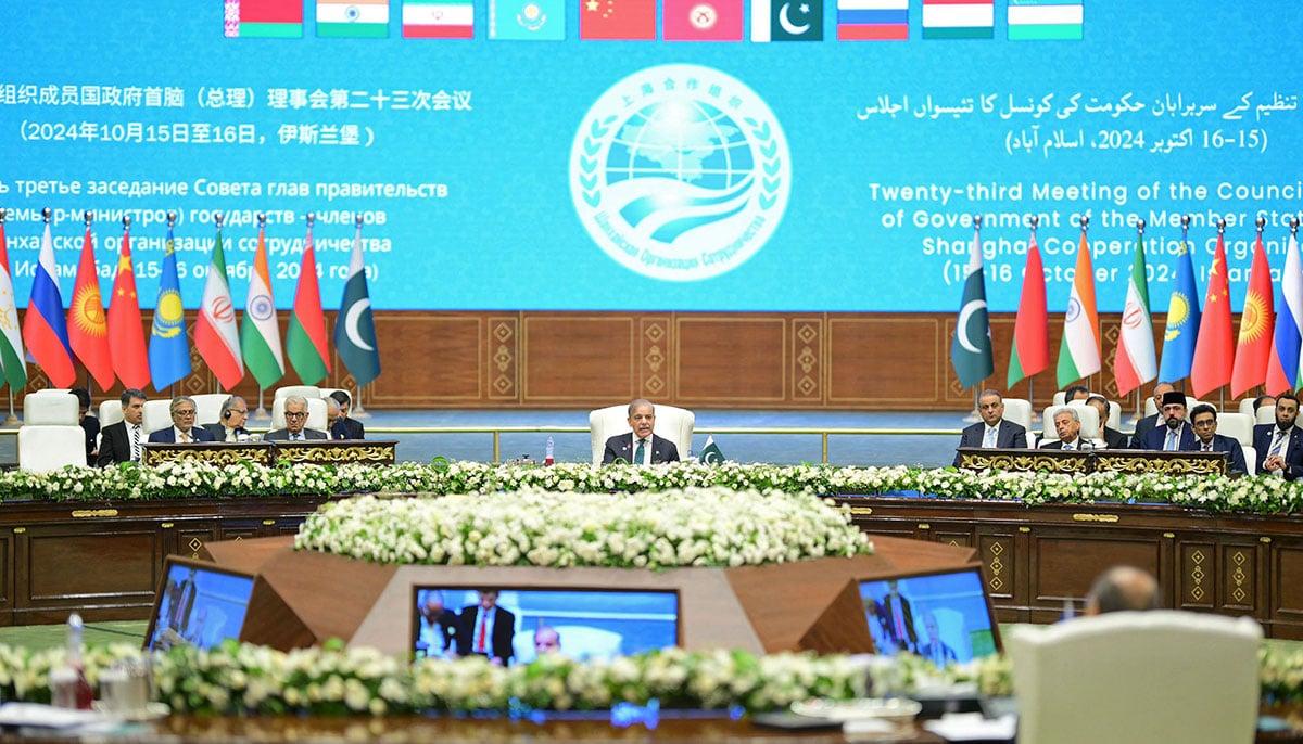 Prime Minister Shehbaz Sharif addresses the Shanghai Cooperation Organisation (SCO) summit, in Islamabad on October 16, 2024. — AFP