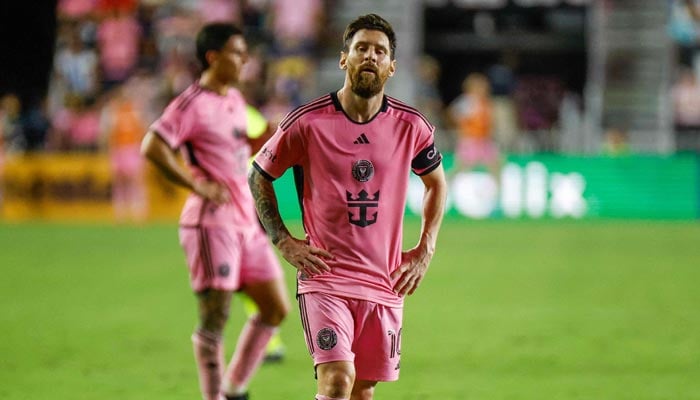 Inter Miamis Lionel Messi reacts during the Major League Soccer (MLS) Eastern Conference semifinal second leg between against Atlanta United FC at Chase Stadium in Fort Lauderdale, Florida, on November 9, 2024. — AFP