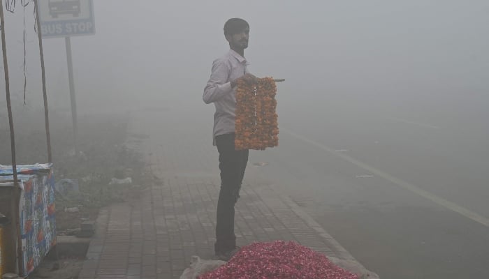 A man selling flowers waits for customers along a street amid heavy smoggy conditions in Lahore on November 10, 2024. —AFP