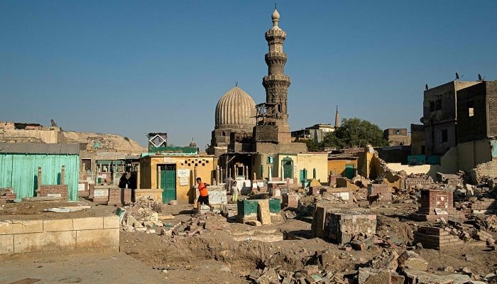 Demolished structures near the Khanqah of Qawsun, built around 1336, in Sayyida Aisha cemetery in Cairo, Egypt, on June 24, 2023. —  AFP