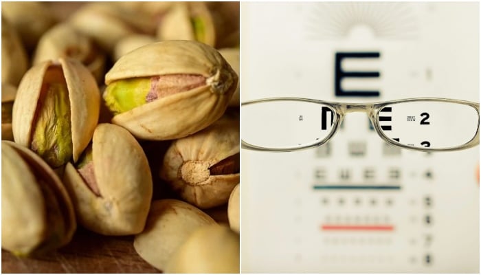 A combination of images shows pistachios and a vision chart through an prescription glasses. — Pexels/Unsplash