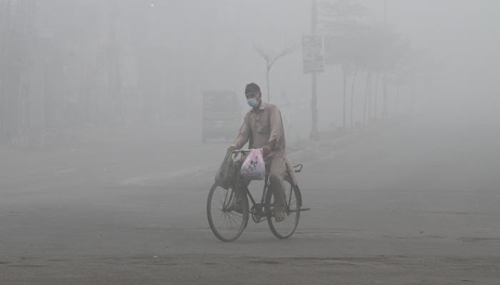 A man wears a mask to avoid smog while he rides on a bicycle along a road in Multan, November 9, 2024. — Reuters