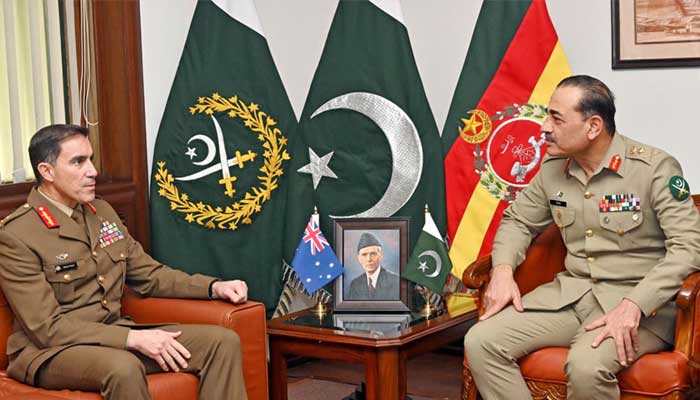 Australian Lt Gen Simon Stuart (left) meets Chief of Army Staff General Asim Munir at GHQ in Rawalpindi on November 11, 2024. — ISPR