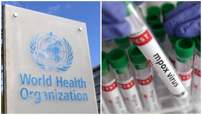 A combination of images shows the World Health Organisation (WHO) logo seen near its headquarters in Geneva, Switzerland (left) and a test tube labelled Mpox virus positive. — Reuters/File