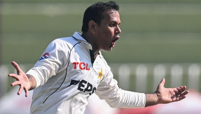 Noman Ali celebrates after taking the wicket at the Rawalpindi Cricket Stadium in Rawalpindi, on October 26, 2024. — AFP