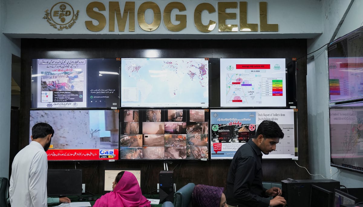 View of monitor screens displaying the smog situation at the Smog Cell at the Environment Protection and Climate Change Department in Lahore on November 4, 2024. — Reuters