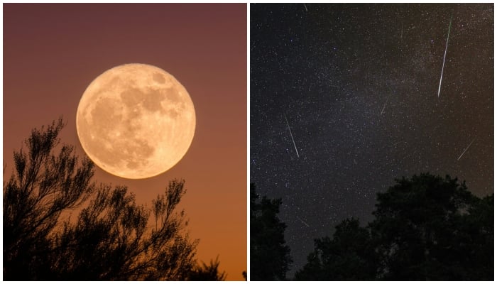 A combination of images shows a supermoon and a meteor shower in the skies. — Unsplash