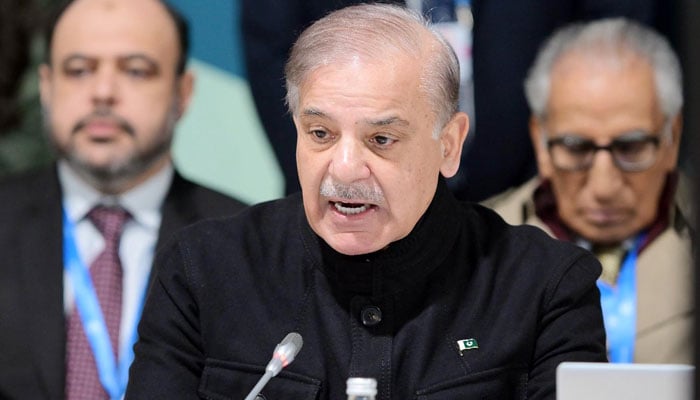 Prime Minister Shehbaz Sharif addressing the Climate Finance Roundtable Conference, hosted by Pakistan, on the sidelines of COP29 Climate Action Summit in Baku, Azerbaijan, November 12, 2024. — PID