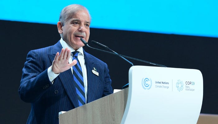 Prime Minister Shehbaz Sharif addresses the COP29 Climate Action Summit in Baku, Azerbaijan on November 13, 2024. — PID