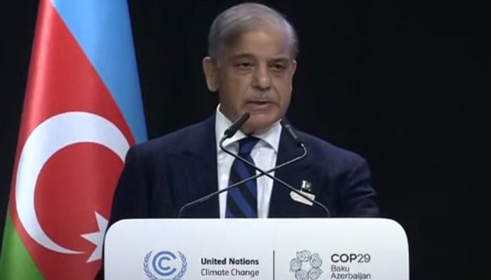 Prime Minister Shehbaz Sharif addresses the COP29 Climate Action Summit in Baku, Azerbaijan, November 13, 2024. — Screengrab/YouTube/GeoNewsLive