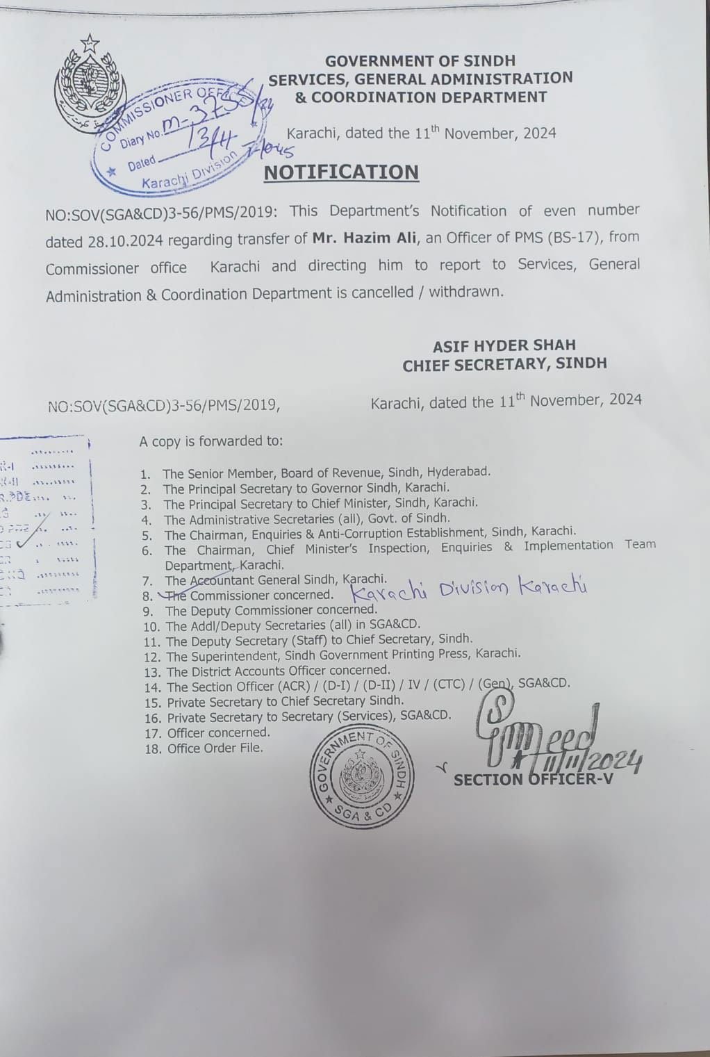 Sindh govt withdraws transfer order for Karachi AC Hazim Bangwar