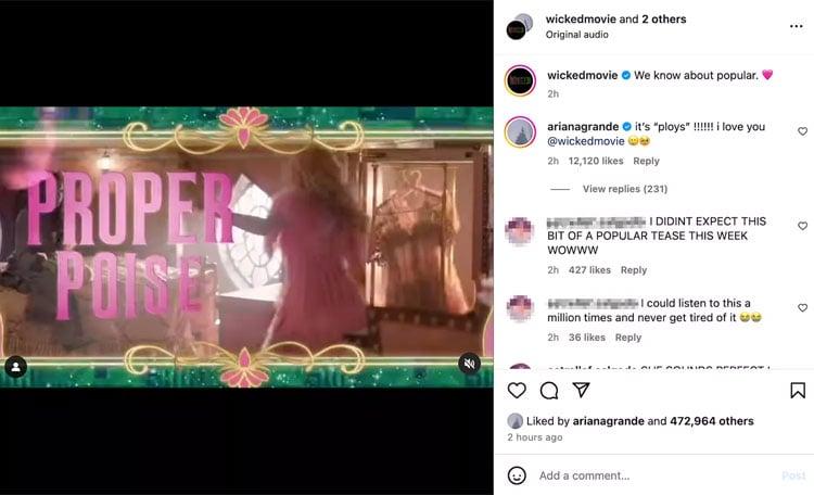 Ariana Grande corrects ‘Wicked film account for posting wrong lyrics