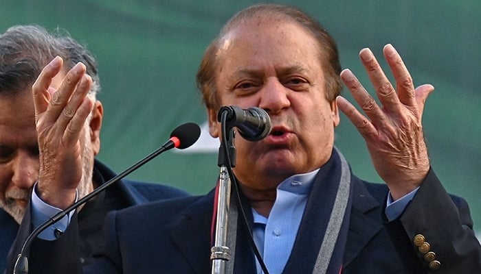 PML-N supremo Nawaz Sharif speaks during an election campaign rally in Lahore on January 29, 2024, ahead of the upcoming general elections. — AFP