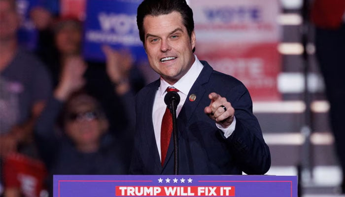 Republican U.S. Representative Matt Gaetz speaks at a campaign rally for Republican presidential nominee and former U.S. President Donald Trump in Henderson, Nevada U.S. October 31, 2024. REUTERS