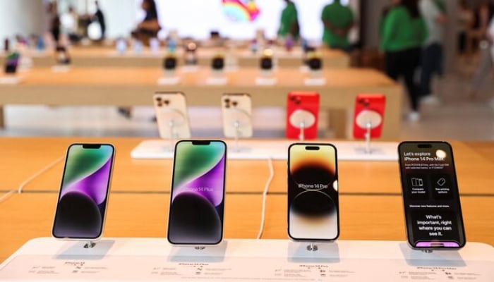 Apple iPhones are seen inside Indias first Apple retail store during a media preview, a day ahead of its launch in Mumbai, India, April 17, 2023.—Reuters