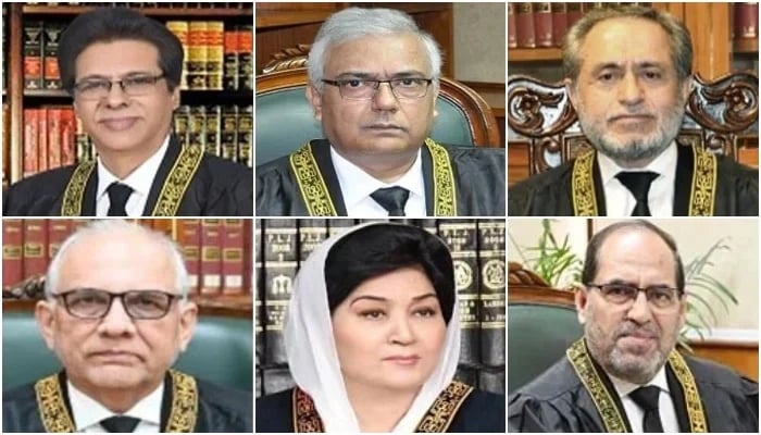 (Clockwise from top left to right) The collage shows Justice Muhammad Ali Mazhar, Justice Amin-ud-Din Khan, Justice Jamal Khan Mandokhail, Justice Naeem Afghan, Justice Musarrat Hilali and Justice Syed Hasan Azhar Rizvi. — SC website/ File