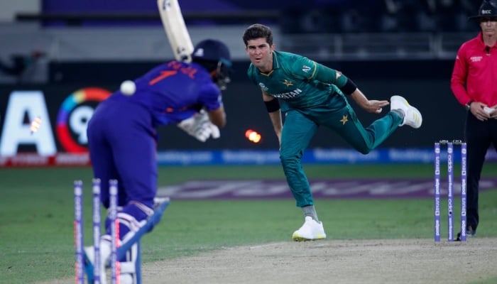 Shaheen Shah Afridi bowling out an Indian player. —Reuters/ File