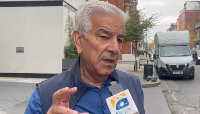 Defence Minister Khawaja Asif speaking during an interview with Geo News in London. — Screengrab via video