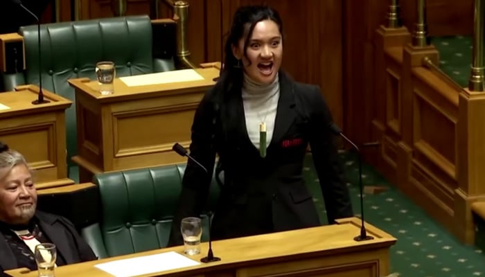 Te Pāti Māori lawmaker Hana-Rawhiti Maipi-Clarke is seen protesting against the Indigenous bill in the New Zealand parliament. — Screengrab via Reuters