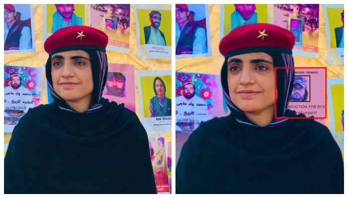 Original Image of Dr Mahrang Baloch standing in front of a poster carrying images of alleged missing persons (left) and The manipulated image of Dr Baloch, where the image of the suicide bomber has been added.