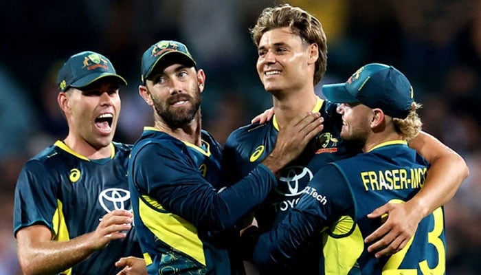 Australian players celebrate a wicket during second T20I match against Pakistan at Sydney Cricket Ground on November 16, 2024. — X/@cricketcomau