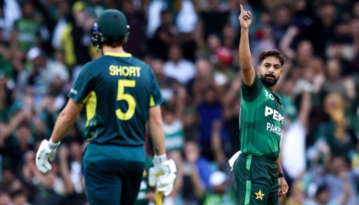 Pakistani bowler Haris Rauf reacts after taking a wicket as Australias Matthew Short looks on at the Sydney Cricket Ground in Sydney, Australia, on November 16, 2024. —X/@TheRealPCB