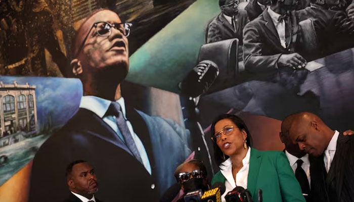 Daughter of the late slain civil rights leader Malcolm X Ilyasah Shabazz, speaks alongside her sister Qubilah and attorney Ben Crump and his legal team during a news conference to announce a lawsuit in New York City, New York, US, February 21, 2023. — Reuters