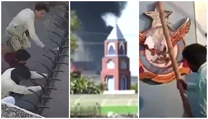 Purported PTI protesters vandalising and torching buildings of GHQ (left), Radio Pakistan Peshawar (centre), PAF Air Base Mianwali in these undated photos. — Screengrabs via Geo News