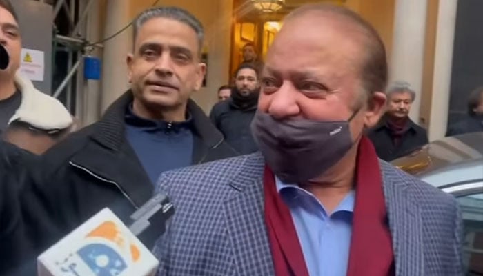 Former premier and PML-N President Nawaz Sharif talking to reporters in London in this screenshot taken from a video. — Facebook/@MurtazaViews