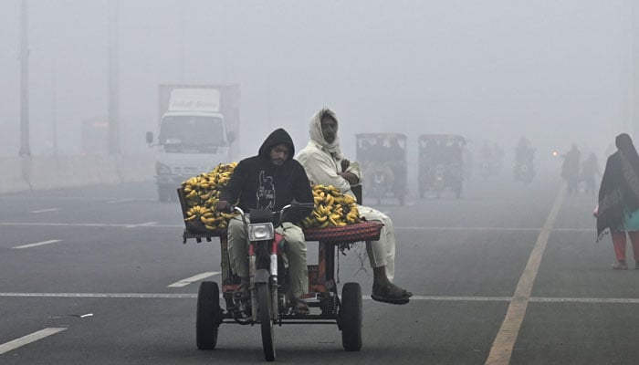 Vendors transport bananas along a road amid heavy smoggy conditions in Lahore on November 17, 2024. — AFP