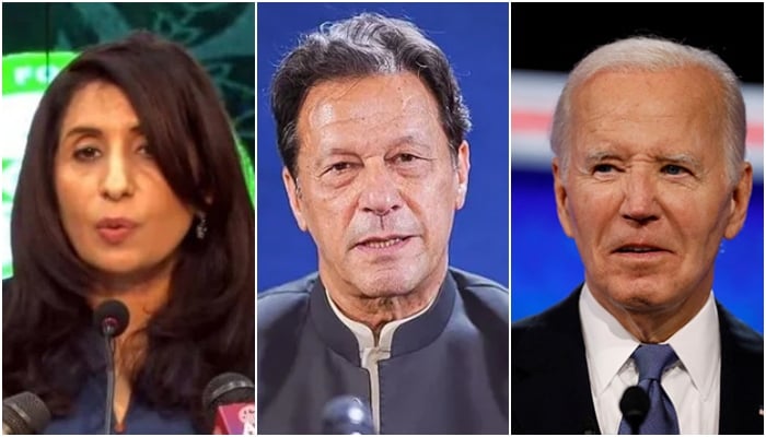 Foreign Office Spokesperson Mumtaz Zahra Baloch, PTI founder Imran Khan (centre) and US President Joe Biden (right). — APP/ Instagram/ @PTIofficial/ Reuters/ File