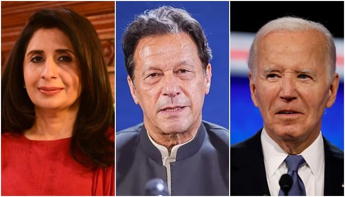 Foreign Office Spokesperson Mumtaz Zahra Baloch, PTI founder Imran Khan (centre) and US President Joe Biden (right). — Facebook/ @ForeignOfficePkspox/ Instagram/ @PTIofficial/ Reuters/ File