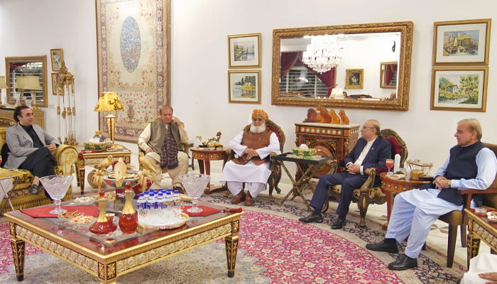 (From right to left) An undated image showing PM Shehbaz Sharif, President Asif Ali Zardari, JUI-F chief Maulana Fazlur Rehman, PML-N President Nawaz Sharif and PPP Chairman Bilawal Bhutto Zardari. — Geo News/File