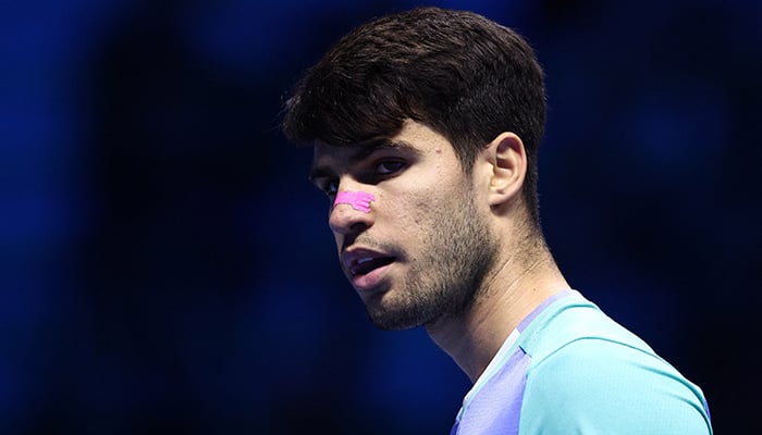 Spains Carlos Alcaraz during his singles group stage match against Germanys Alexander Zverev, ATP Finals, Turin, Italy November 15, 2024. — Reuters